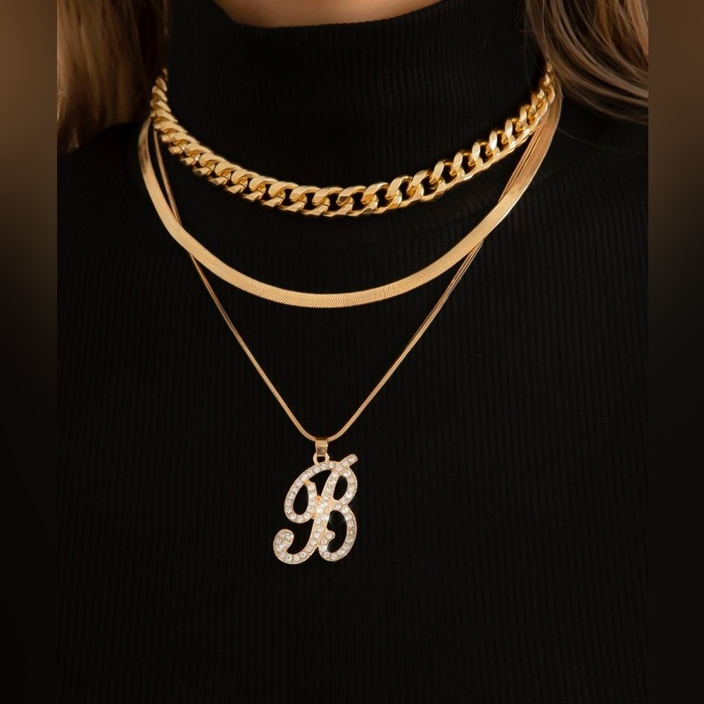 3PC Layered Letter B Rhinestone Gold Chainlink Snake Necklace Bundle Set